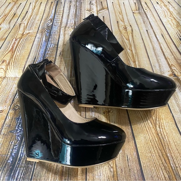 NEW Tip Toe Dance Black Patent Leather 5 1/2” Wedge Platform Heels - Picture 3 of 6